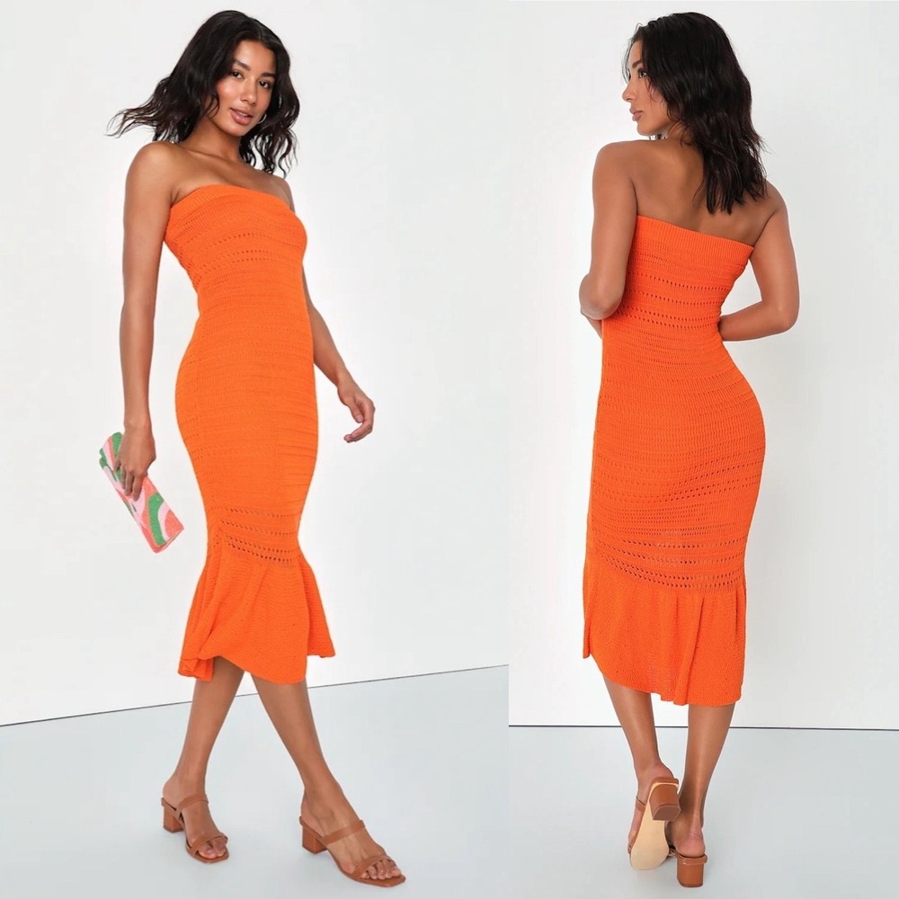 NWT Lulus Palm Springs Sweetie Orange‎ Knit Strapless Midi Dress Size Small